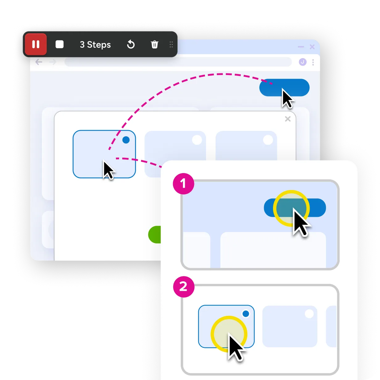 Step Capture organizes recorded clicks into numbered steps, shown beside a browser window with a dotted path connecting each action.
