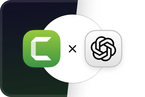 Camtasia and ChatGPT logos displayed side by side with an “×” between them, representing the ChatGPT integration that enables users to create videos in Camtasia using AI-powered assistance.