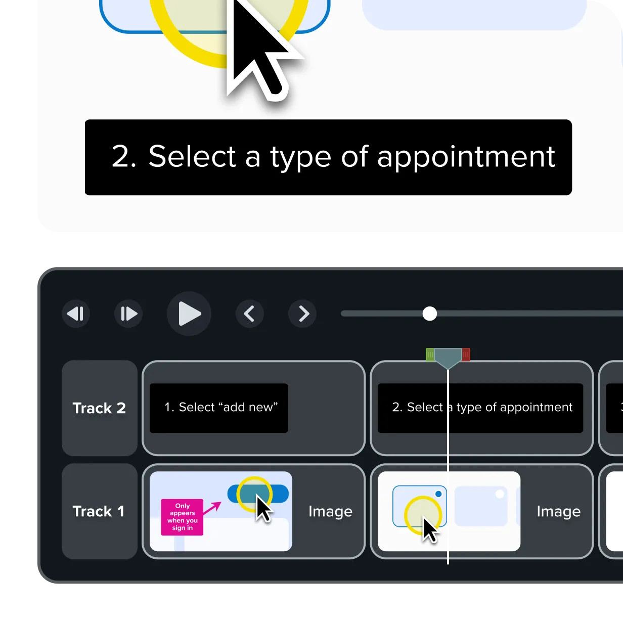 Camtasia Editor timeline turning captured steps into a video with titles, cursor highlights, and screen images arranged across two tracks.