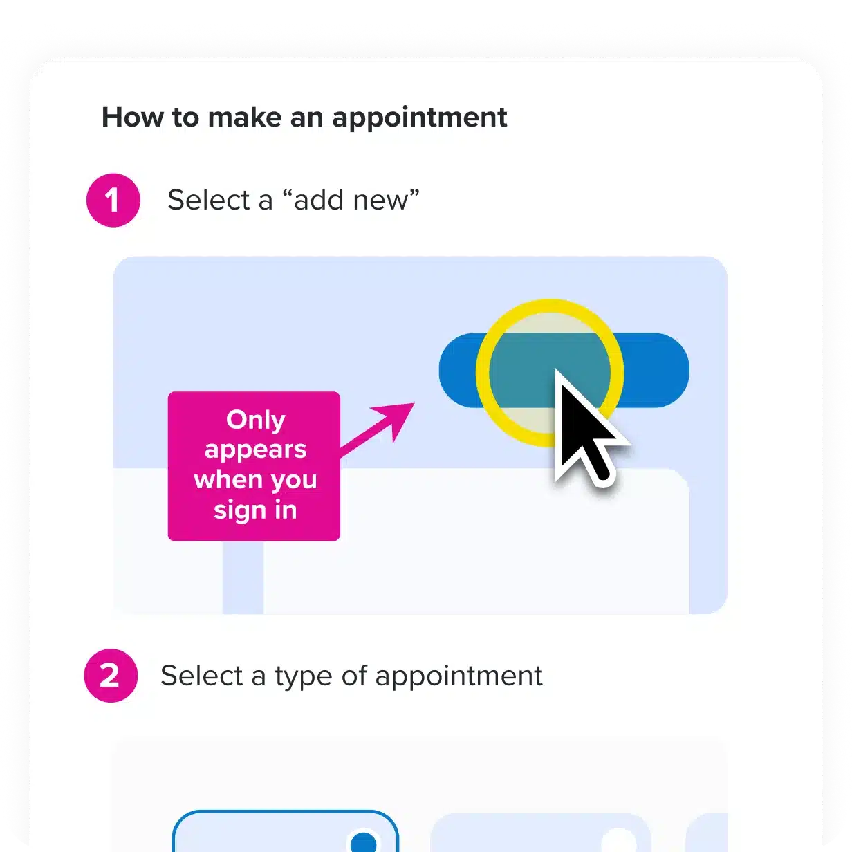 Two-step appointment guide with screenshots, click highlights, and a Snagit callout noting that an option appears only after sign-in
