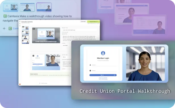 Camtasia generative screencast workflow showing screenshots turned into an AI-generated storyboard and a finished Credit Union Portal Walkthrough video.