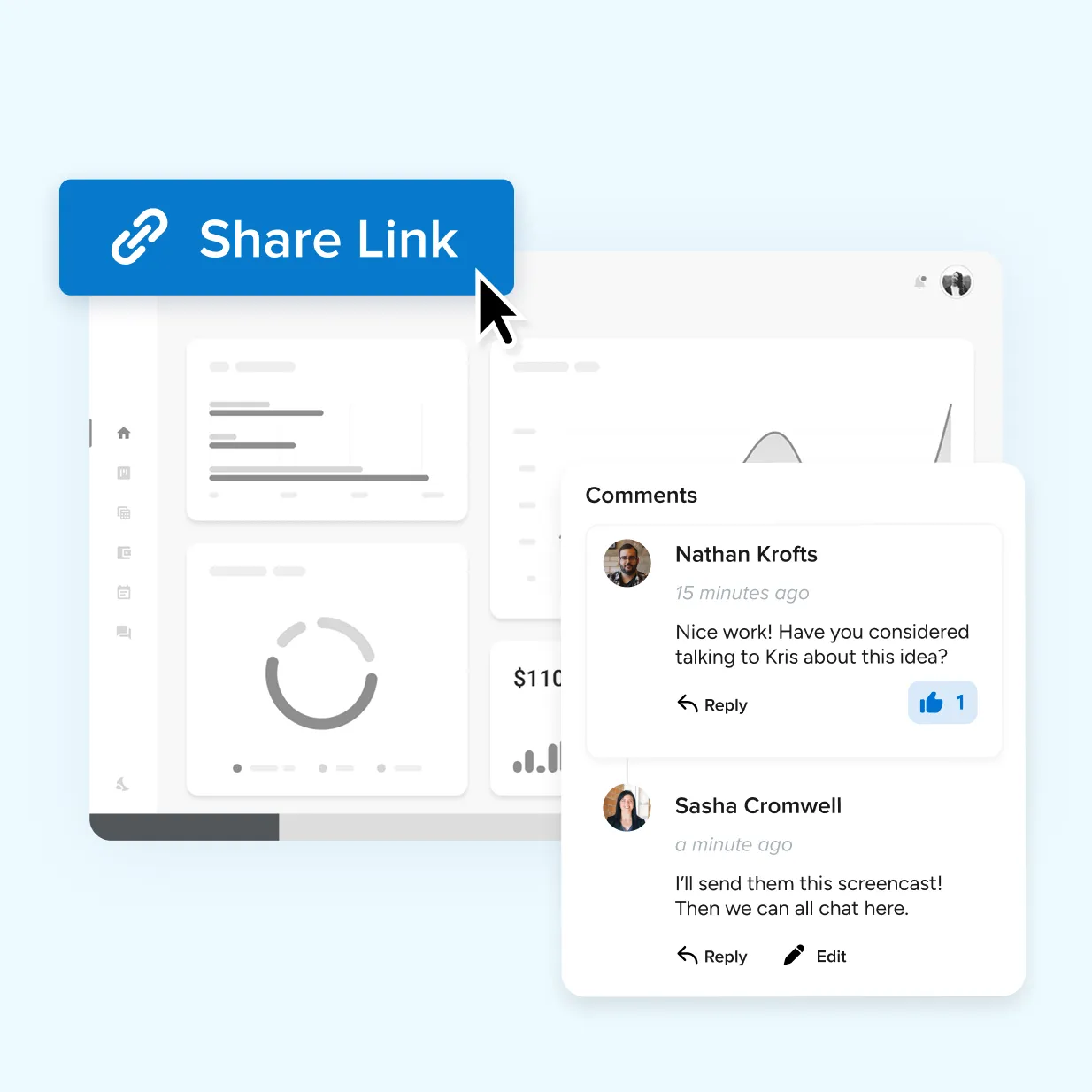 Snagit Share Link feature displays a shared capture with comments and collaboration tools.