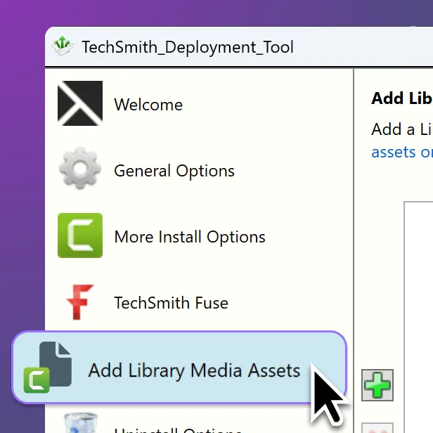 TechSmith Deployment Tool interface with the “Add Library Media Assets” option highlighted. The navigation pane shows deployment and installation settings, while the selected option allows administrators to add shared media libraries and content assets during software deployment.
