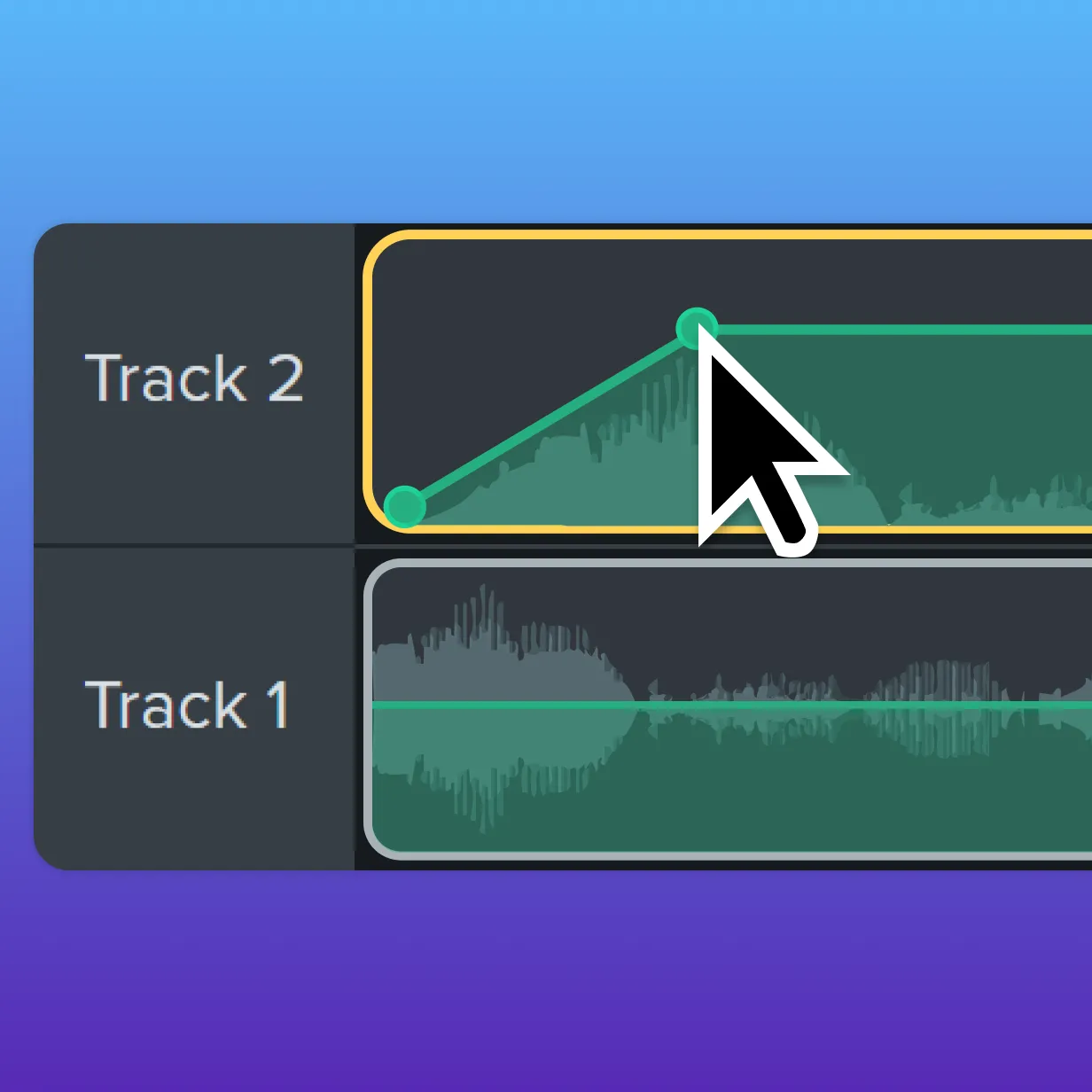 Camtasia Editor timeline showing audio clips on separate tracks, with volume fade handles highlighted on the upper track. A cursor is adjusting the fade points to smoothly increase audio levels over time while keeping other tracks unchanged.