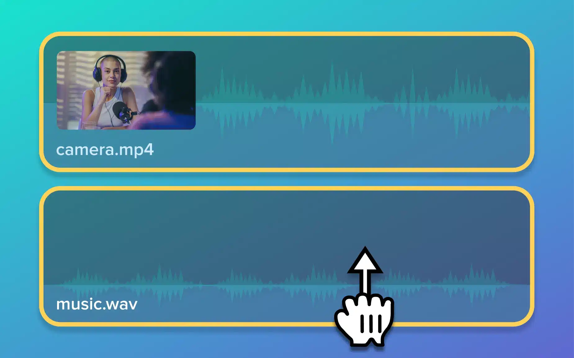 Camtasia Editor timeline showing two audio tracks, with volume fade controls highlighted on the music track. A cursor adjusts the music track's volume independently, allowing background audio levels to be changed without affecting other audio sources.