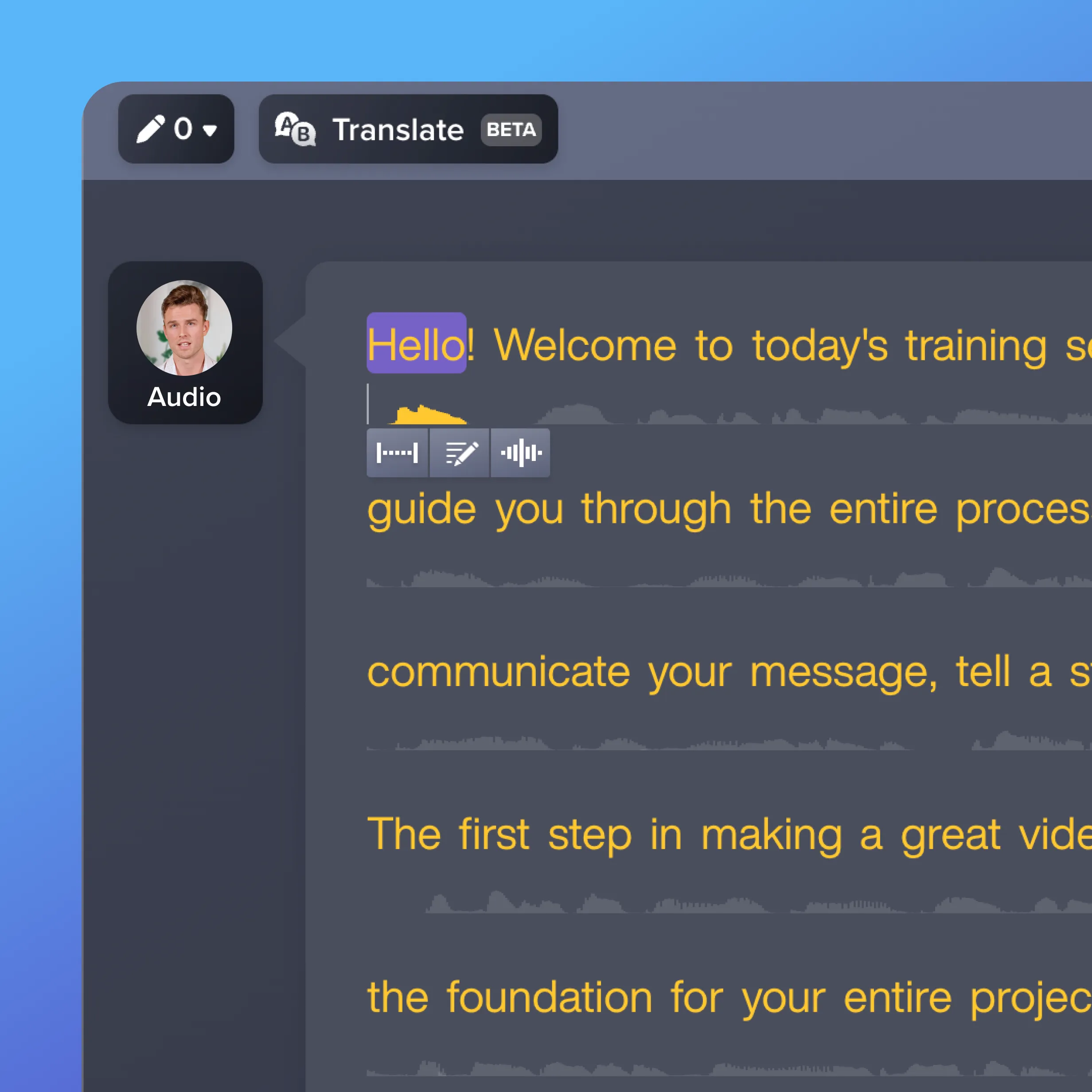 Screenshot of Camtasia Audiate displaying an audio transcription, with spoken words converted into editable text alongside an audio waveform. The Translate feature is visible at the top, highlighting tools for editing and preparing narration for multilingual content.