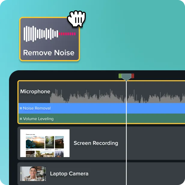 Camtasia’s Remove Noise effect is being applied to a microphone audio track in the editor timeline. Noise Removal and Volume Leveling effects are visible on the track, illustrating tools that help improve audio clarity and consistency.