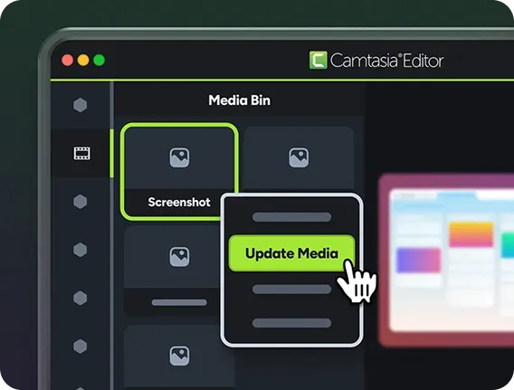 Camtasia Editor with a right-click drop-down menu with the cursor pointing to Update Media