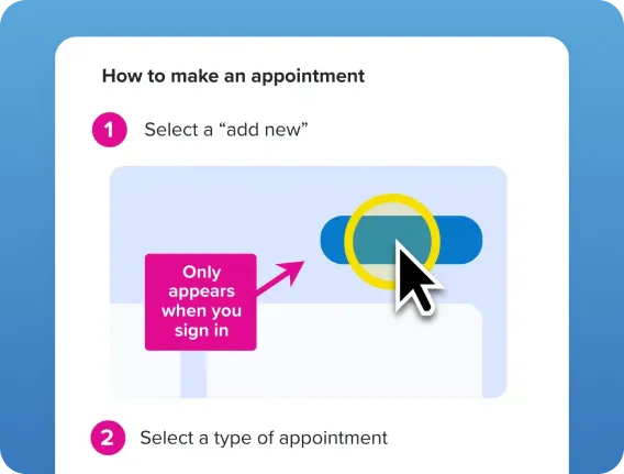 Two-step appointment guide with screenshots, click highlights, and a Snagit callout noting that an option appears only after sign-in