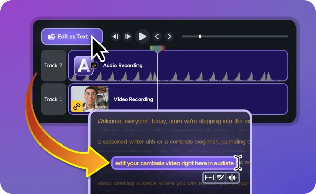 A Camtasia timeline containing audio and video recordings is connected to an Audiate transcript editor through a visual workflow. The image highlights how users can send recordings to Audiate, edit voiceovers as text, and sync those changes back to their Camtasia project.