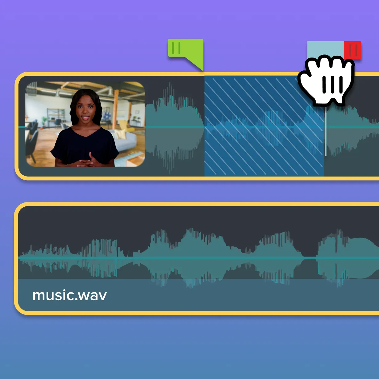Camtasia timeline showing a section of narration selected for editing while a music track remains on a separate layer below. A cursor and edit indicators highlight that changes can be made to one audio track without requiring edits to the rest of the project.