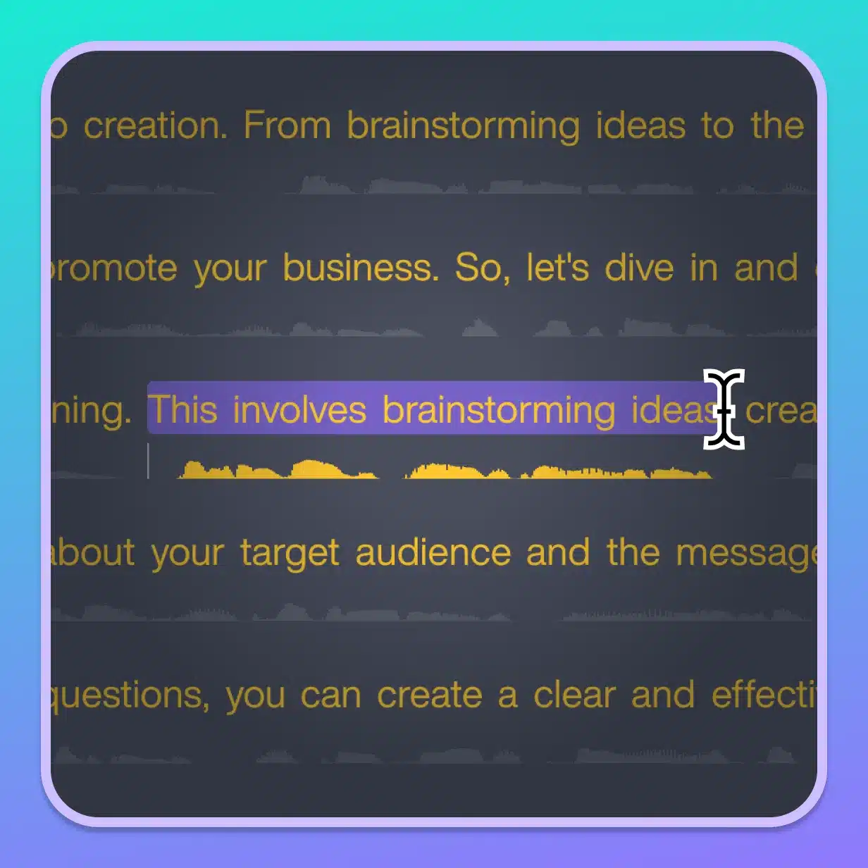 Close-up view of an Audiate transcript with a selected phrase highlighted in purple and an editing cursor positioned within the text. An audio waveform appears beneath the text, illustrating how users can edit spoken content by making changes directly in the transcript.