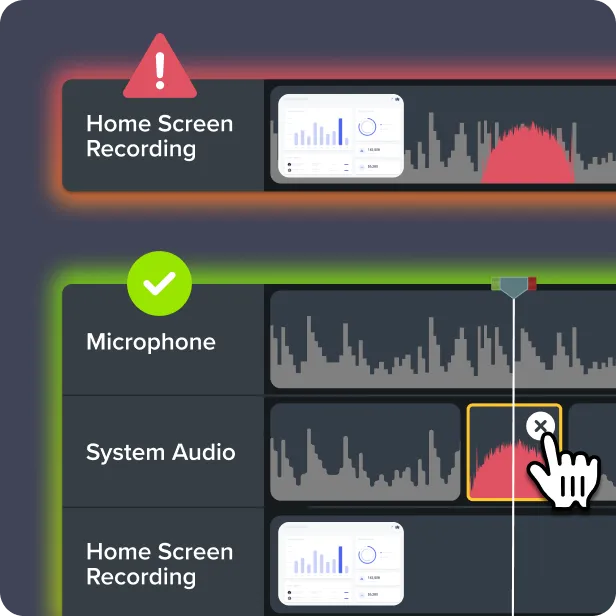 Camtasia Editor timeline showing separate tracks for microphone, system audio, and screen recording. A problematic audio section on the screen recording track is highlighted for removal, demonstrating how unwanted audio can be isolated and edited without affecting other tracks.