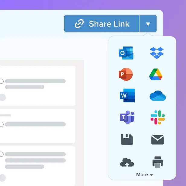Share Link feature with icons for various applications including Outlook, PowerPoint, Google Drive, Word, OneDrive, Teams, Slack, and more.