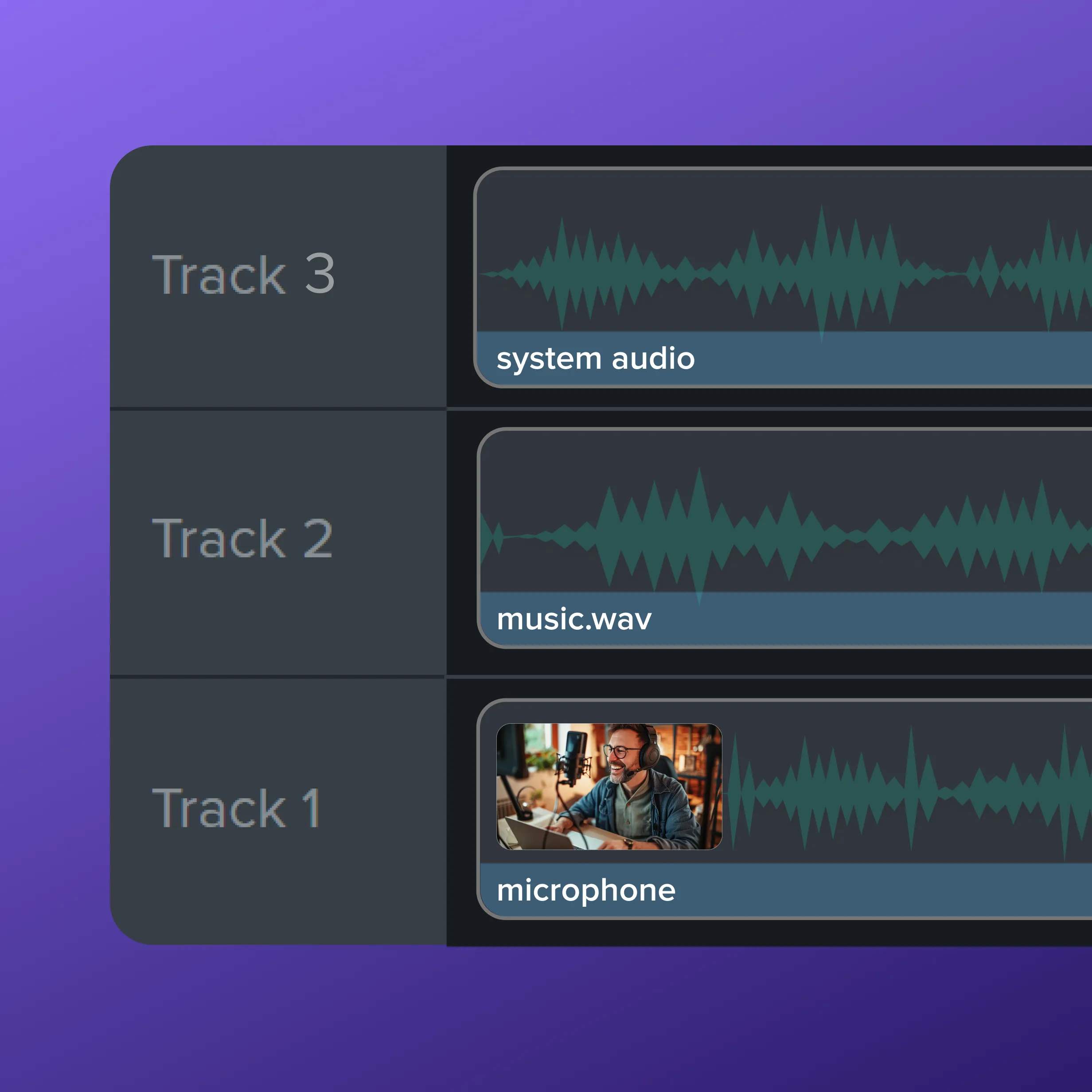 Camtasia Editor timeline displaying microphone audio, music, and system audio on separate tracks. Each audio source is isolated on its own layer, making it easier to adjust, edit, or replace individual sounds without affecting other tracks.