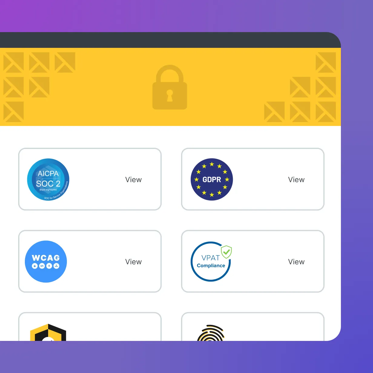 Trust Center page displaying security, privacy, and accessibility resources, with tiles for AICPA SOC 2, GDPR, WCAG, and VPAT compliance documentation. A lock icon appears at the top above certification cards, each containing a “View” button for accessing detailed compliance information.