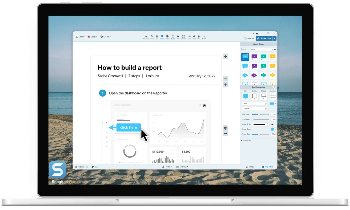 Laptop displaying Camtasia Snagit with a step-by-step “How to build a report” guide and an annotated screenshot being edited.