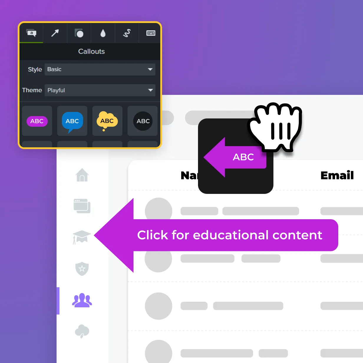 The Camtasia Callouts panel shows a selection of annotation styles and themes available for videos. A large arrow callout with instructional text is being placed over a software interface, demonstrating how callouts can draw attention to important information on screen.